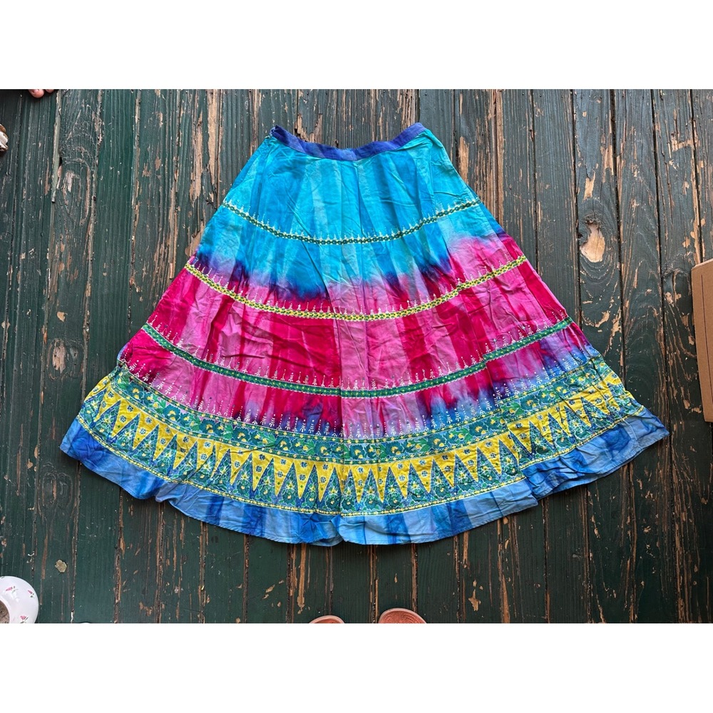 Chaudry Sports Boho Tie Dye Sequin Embroidered Maxi Skirt Blue Pink Yellow Small